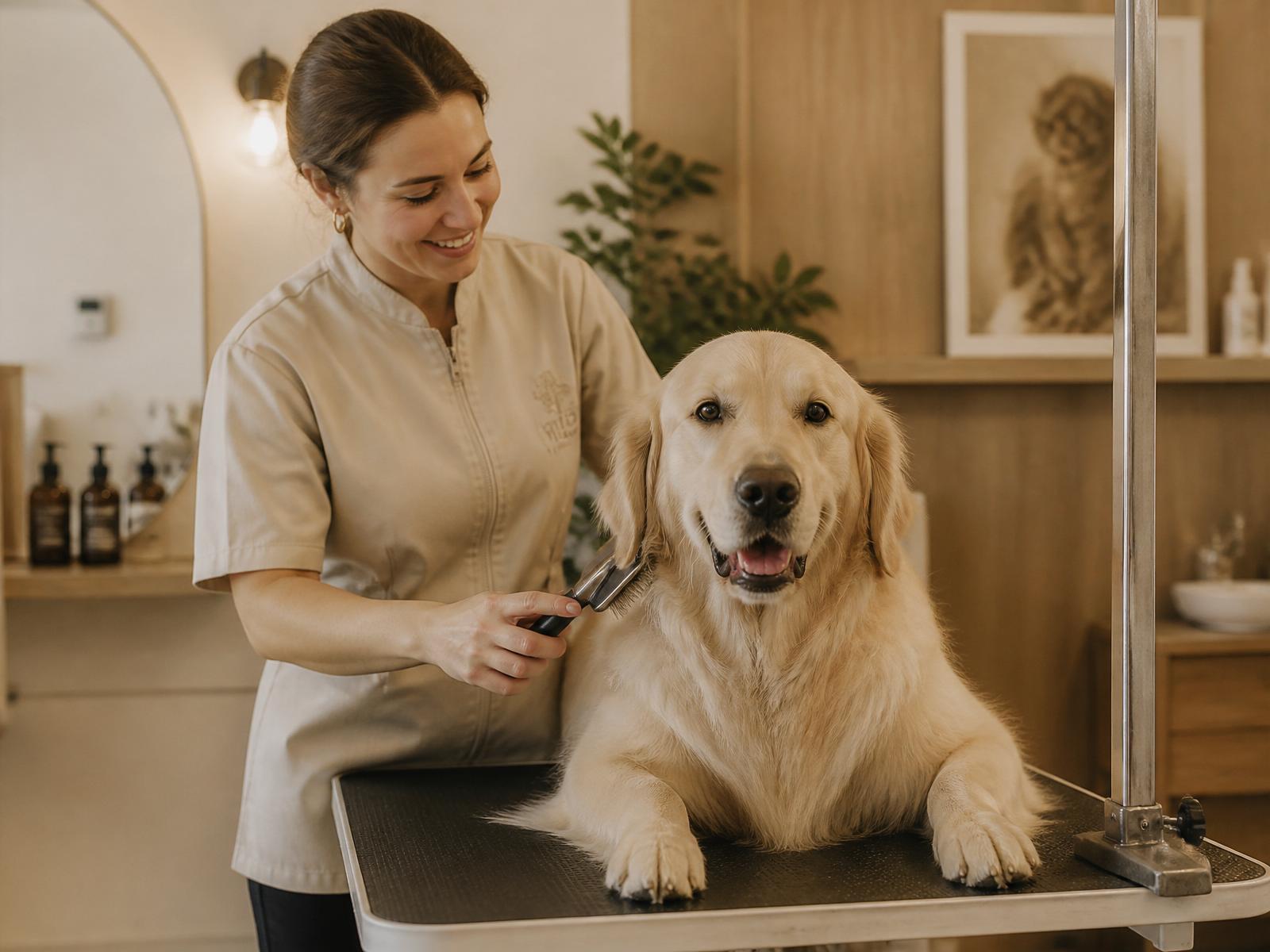 Groomer brushing a calm golden retriever in a boutique salon