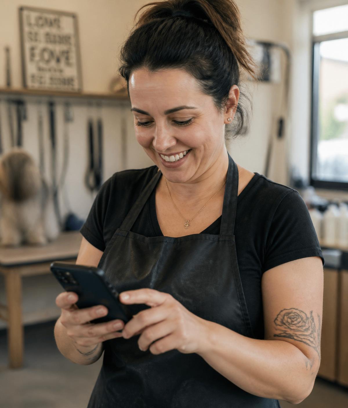 Salon owner checking phone with a genuine smile